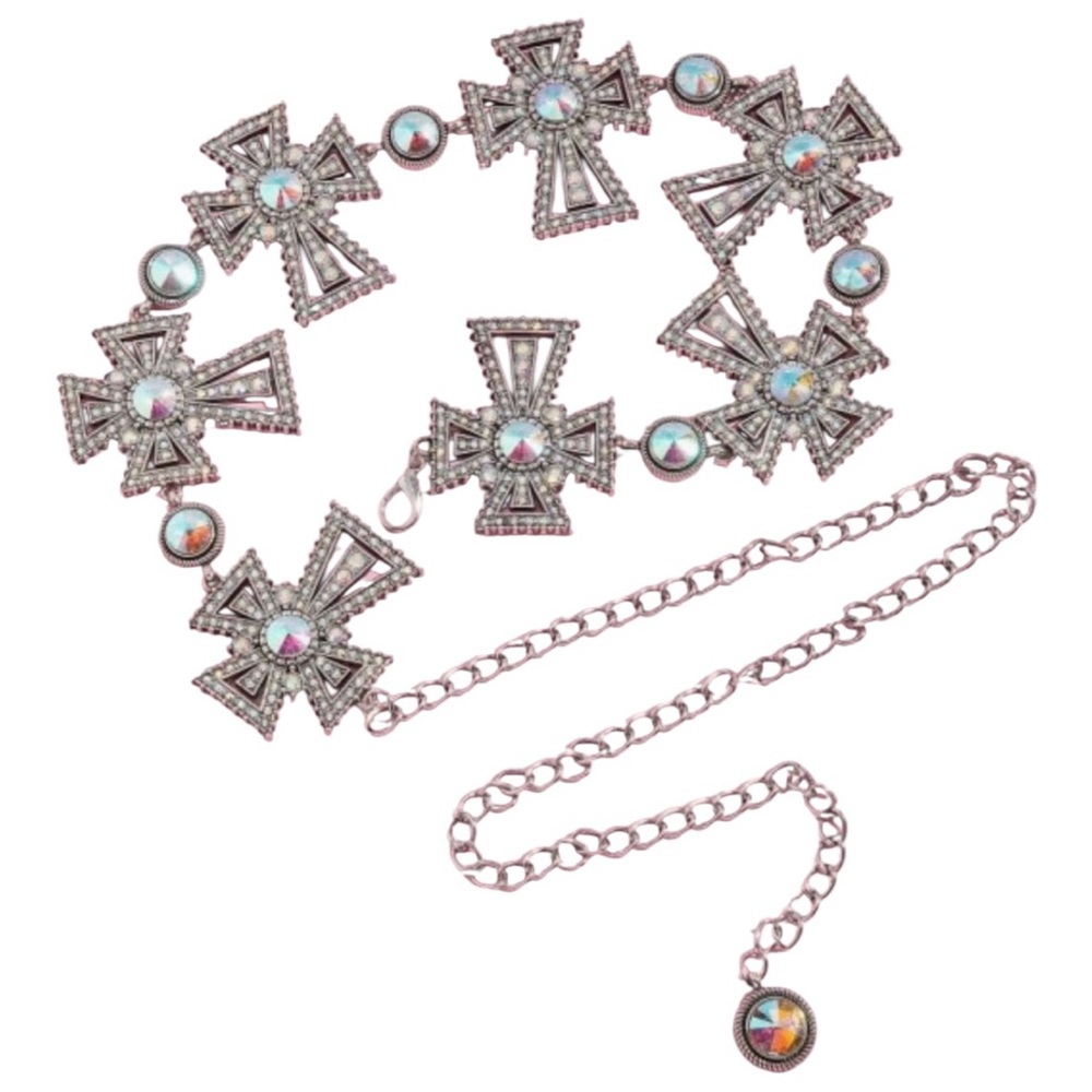 Pave Waist Chain Belt Irridescent Rhinestone Cross in Gol OR Silver - Picture 3 of 5